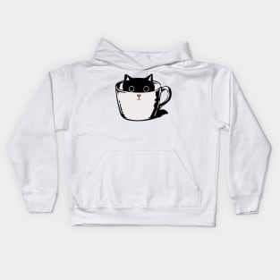 Black kitten with red nose hiding in a cup Kids Hoodie